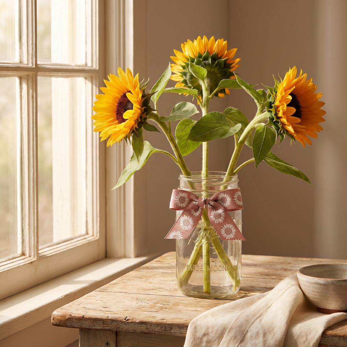 Sunflower ribbon — mason jar bouquet scene