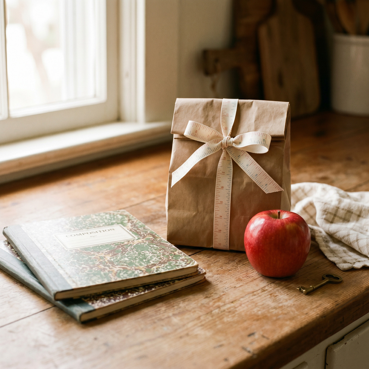 Ruler ribbon — back-to-school still life
